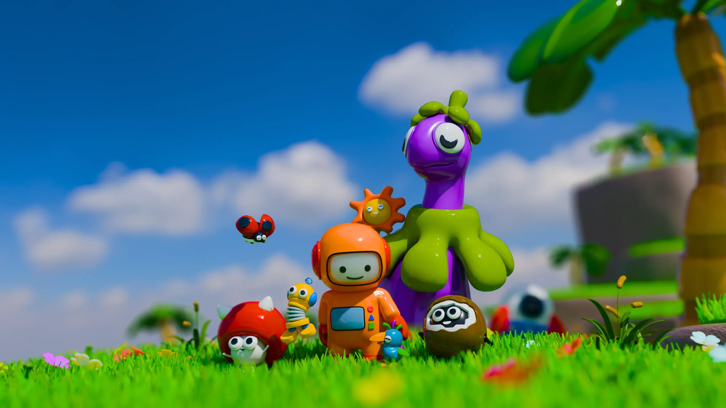 Key art from The Tonlet Company: a crew of small, colourful explorer characters gathered on a bright grassy hill under a blue sky.